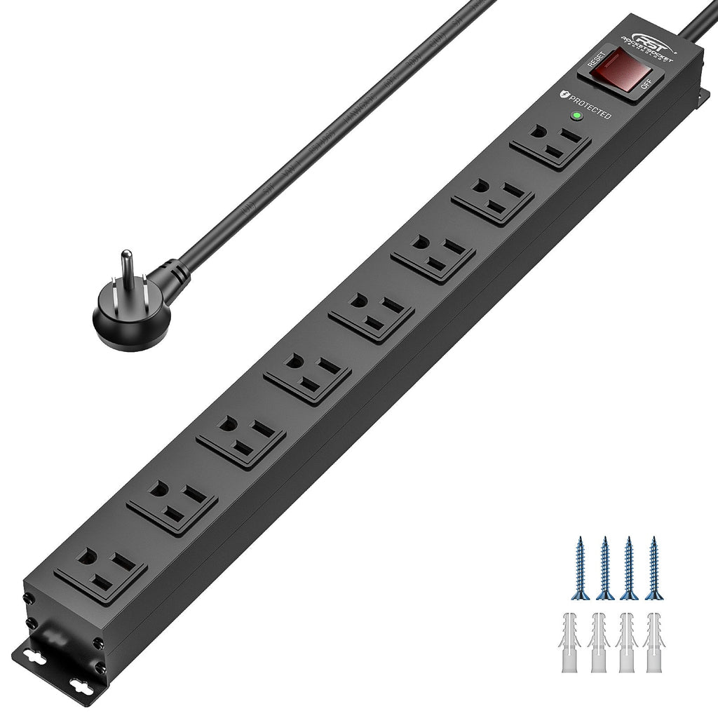CRST 8 Outlets Wide Spaced Mountable Metal Power Strip Surge Protector, 6FT Flat Plug Power Cord, 2100 Joules Protection, Mount Kits Included