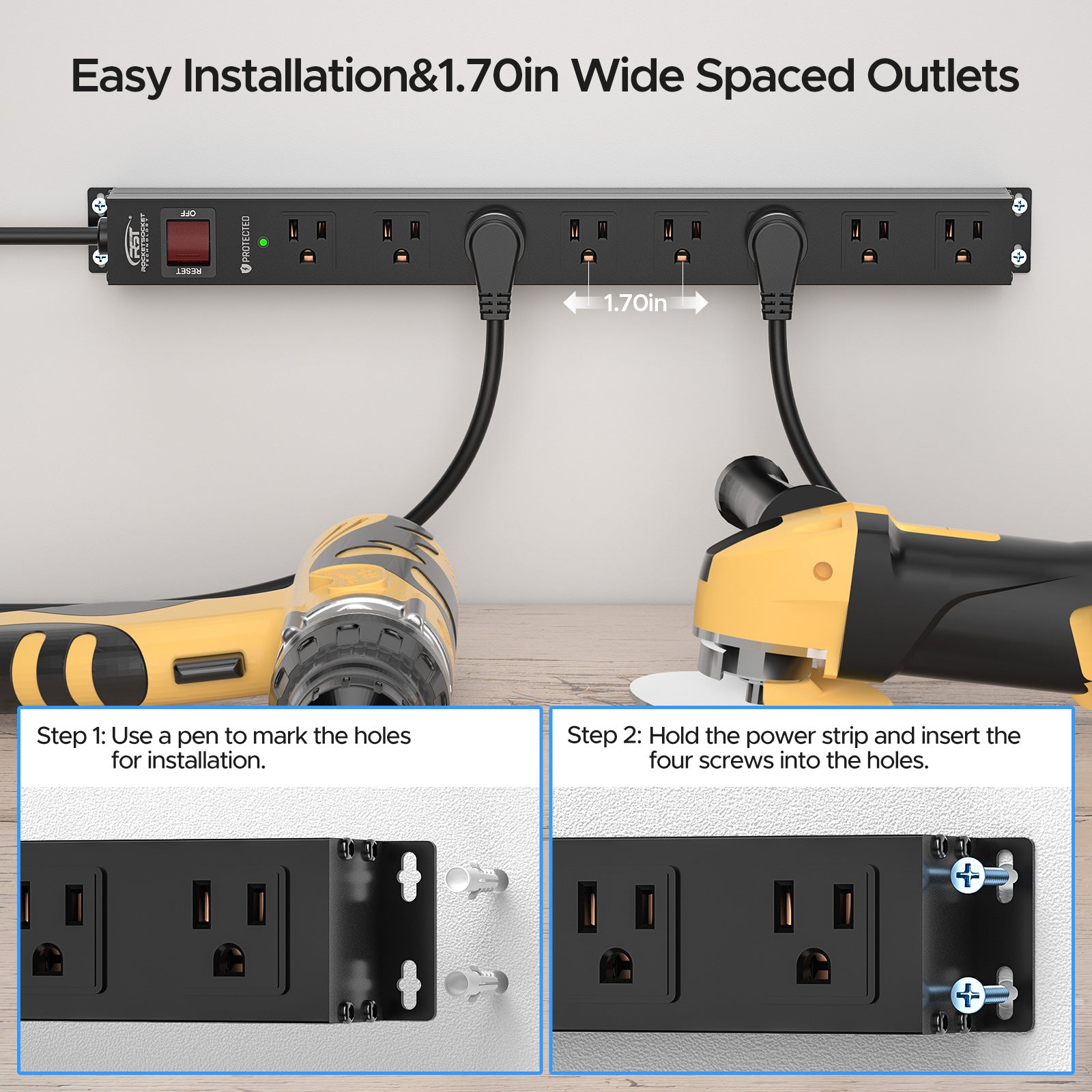 CRST 8 Outlets Wide Spaced Mountable Metal Power Strip Surge Protector, 6FT Flat Plug Power Cord, 2100 Joules Protection, Mount Kits Included